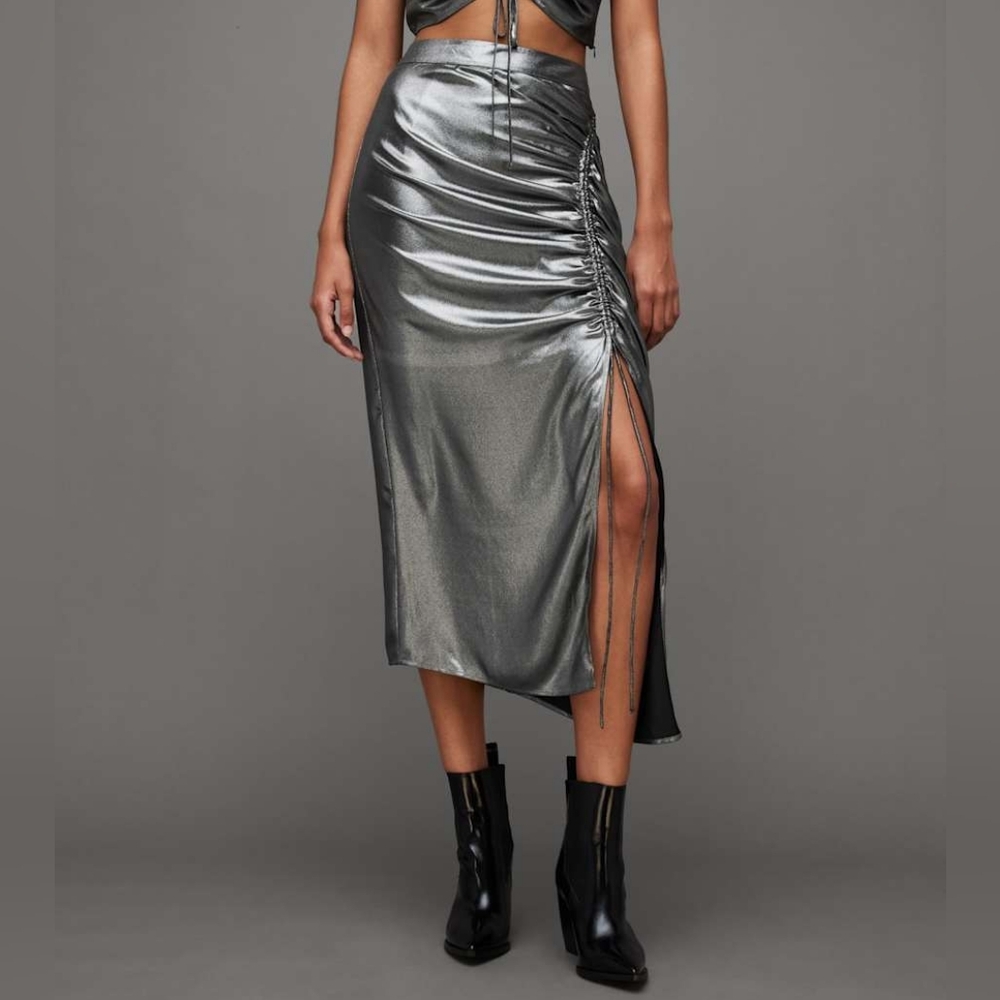 NWOT All Saints Asymmetrical Silver Skirt Size 6